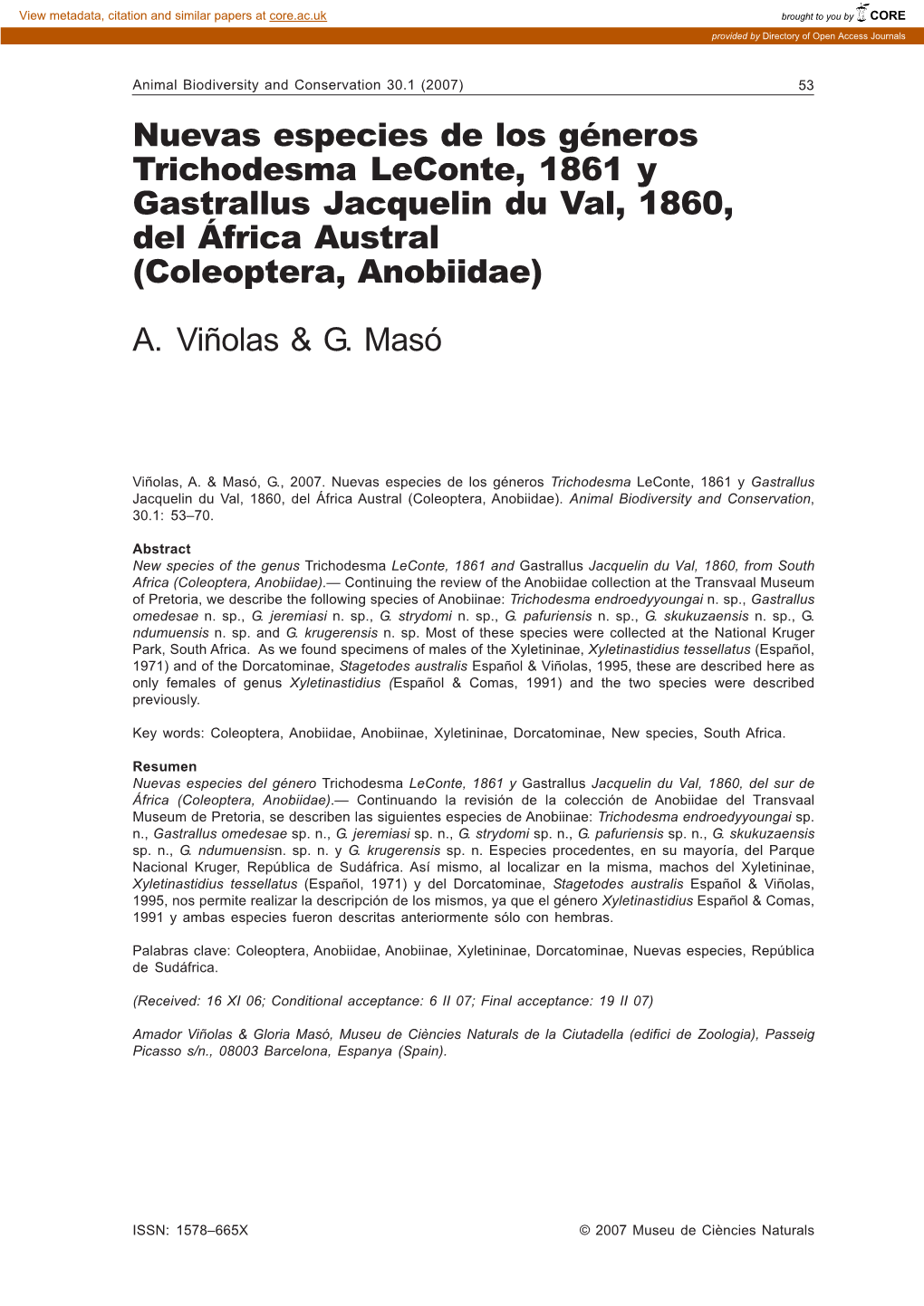 Nuevas Especies De Los Géneros Trichodesma Leconte, 1861 Y Gastrallus Jacquelin Du Val, 1860, Del África Austral (Coleoptera, Anobiidae) A