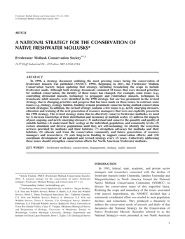 A National Strategy for the Conservation of Native Freshwater Mollusks*