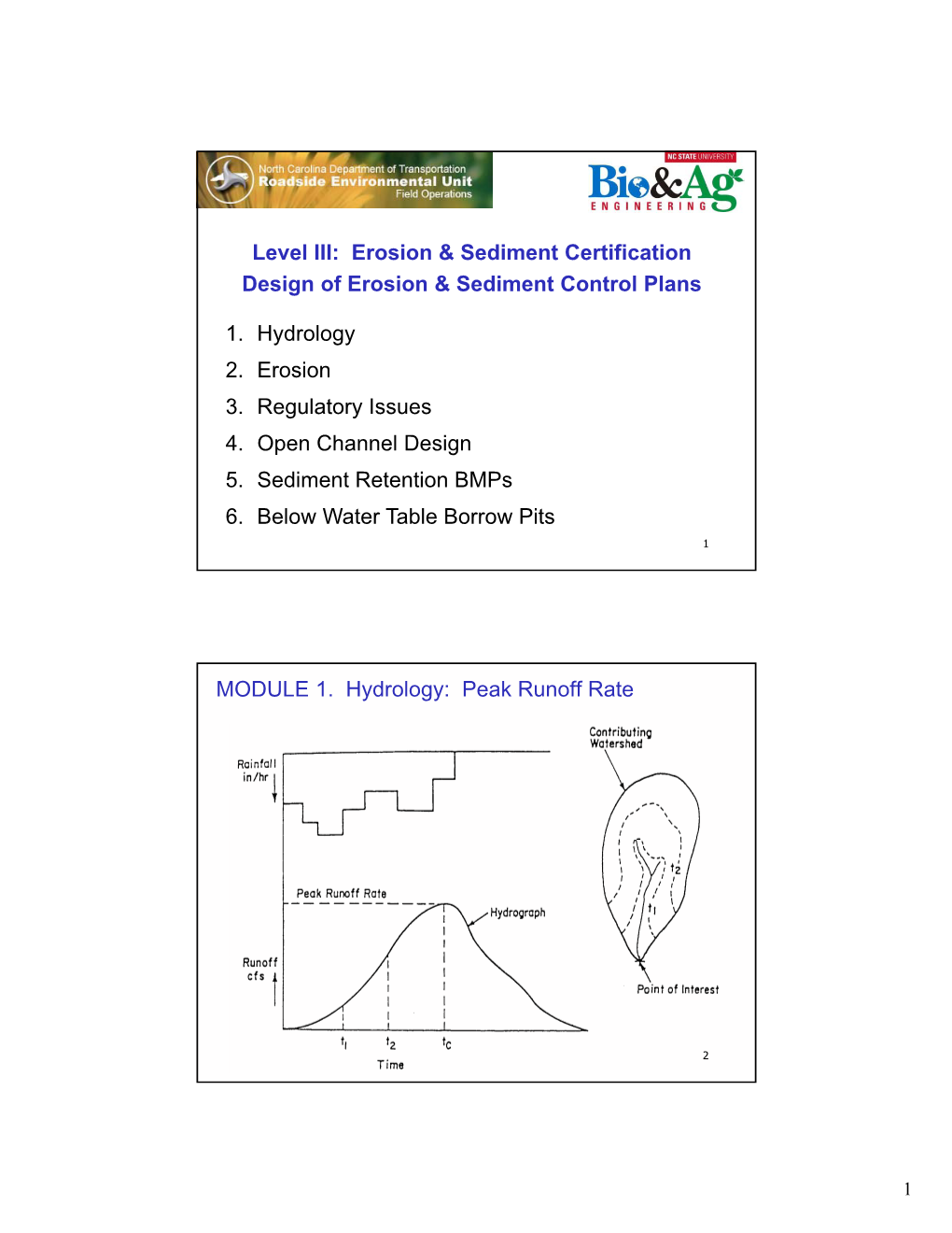 Level III: Erosion & Sediment Certification Design of Erosion & Sediment Control Plans 1. Hydrology 2. Erosion 3. Regul