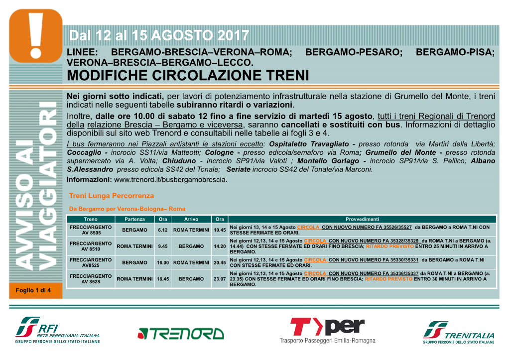 MODIFICHE CIRCOLAZIONE TRENI Dal 12 Al 15 AGOSTO 2017