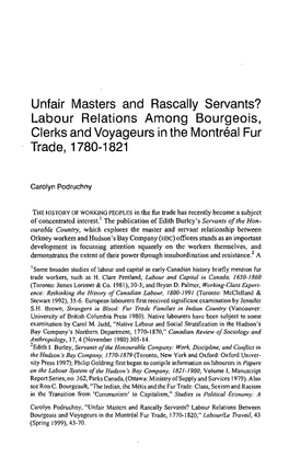 Labour Relations Among Bourgeois, Clerks and Voyageurs in the Montréal Fur Trade, 1780-1821