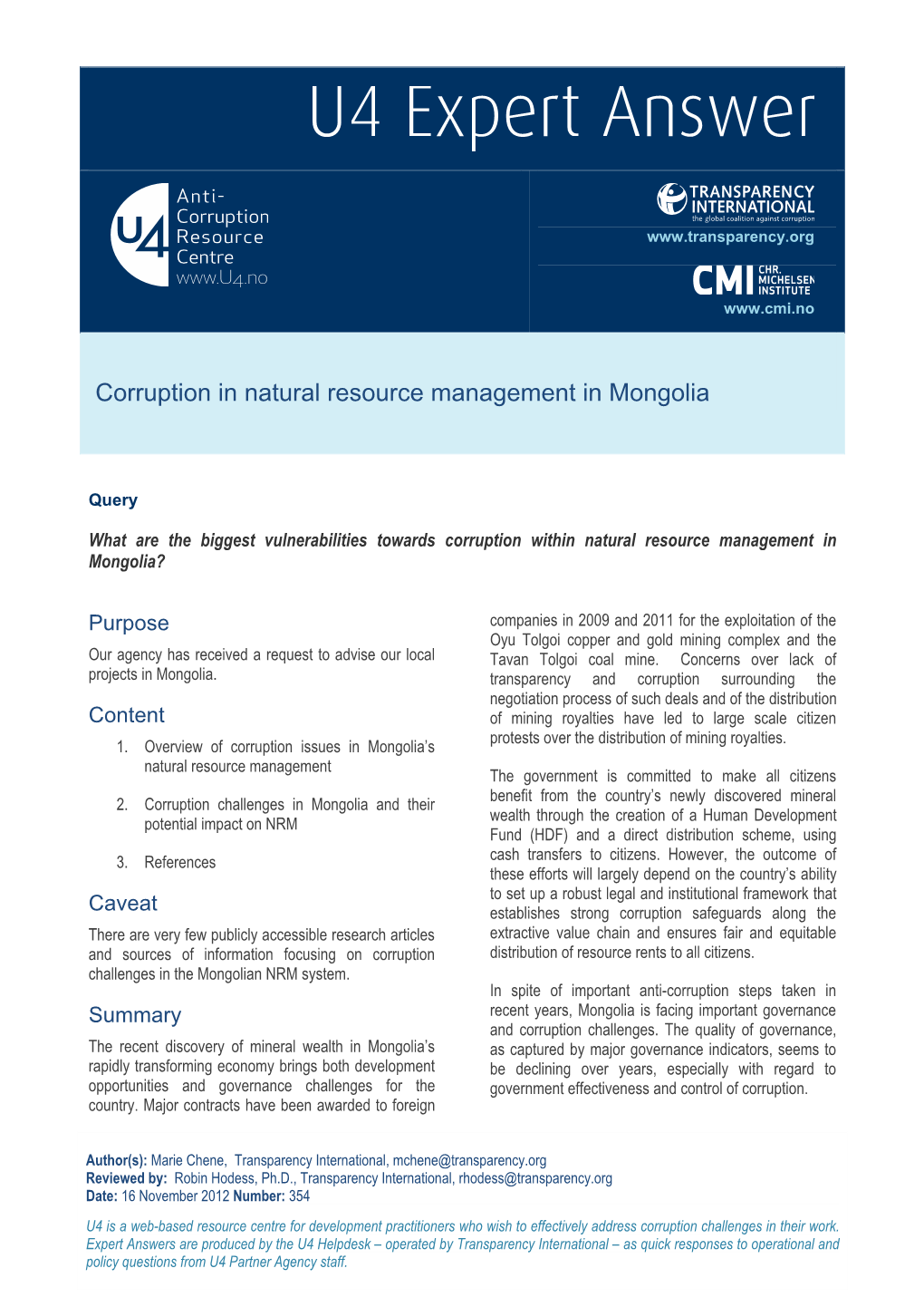 Corruption in Natural Resource Management in Mongolia