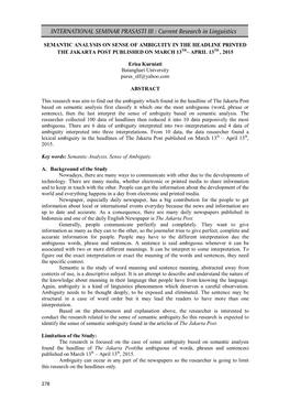 Semantic Analysis on Sense of Ambiguity in the Headline Printed the Jakarta Post Published on March 13Th– April 13Th , 2015