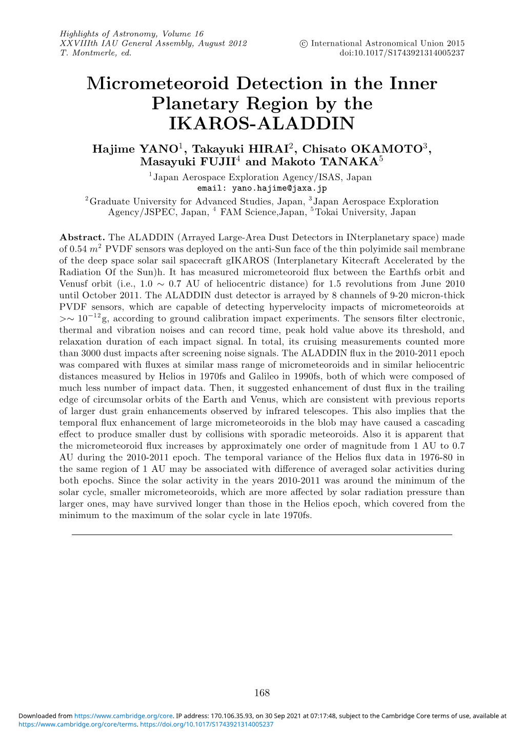 Micrometeoroid Detection in the Inner Planetary Region by The