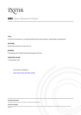 A Neo-W Chromosome in a Tropical Butterfly Links Colour Pattern, Male Killing And