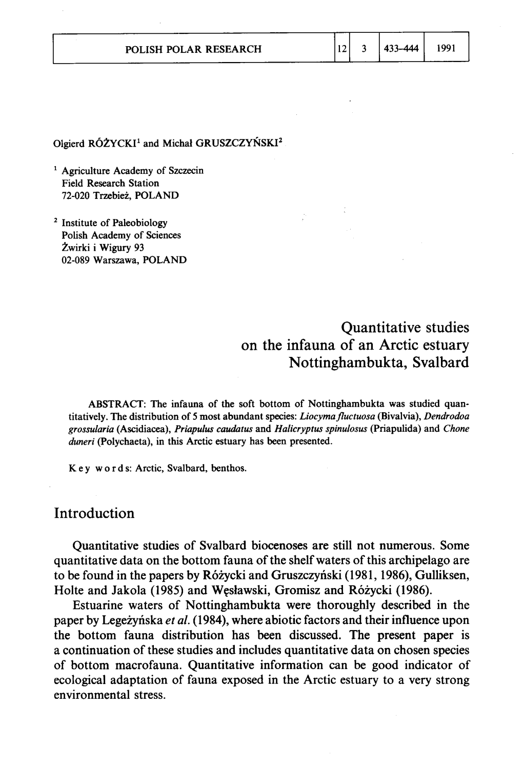 Quantitative Studies on the Infauna of an Arctic Estuary Nottinghambukta, Svalbard