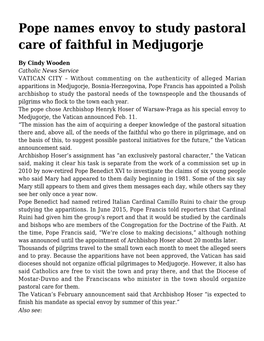 Pope Names Envoy to Study Pastoral Care of Faithful in Medjugorje