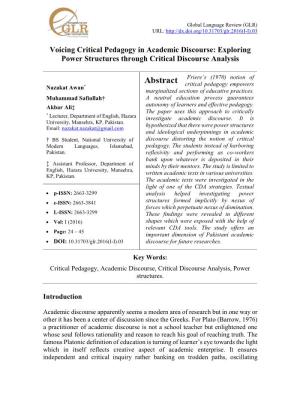 Voicing Critical Pedagogy in Academic Discourse: Exploring Power Structures Through Critical Discourse Analysis