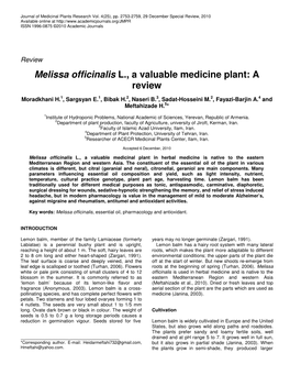 Melissa Officinalis L., a Valuable Medicine Plant: a Review