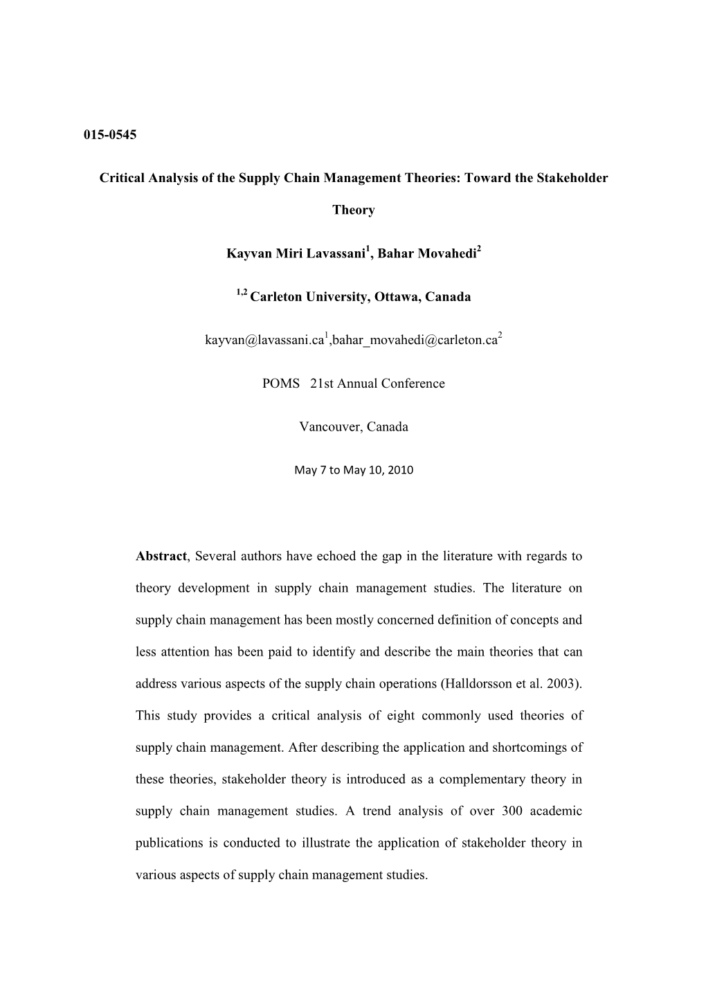 015-0545 Critical Analysis of the Supply Chain Management Theories