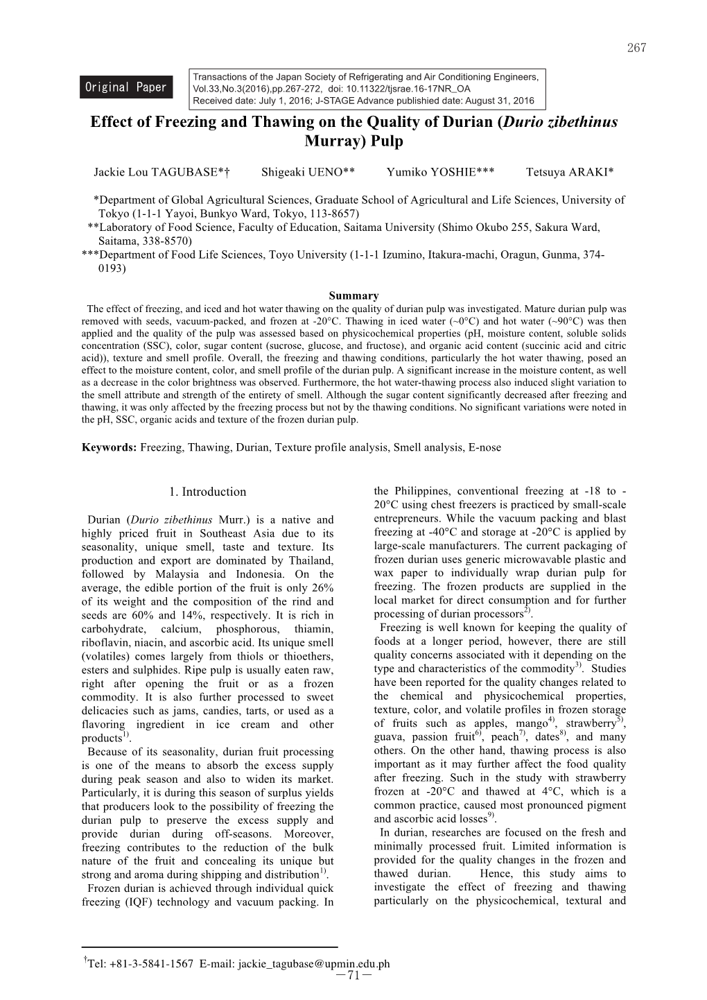 Effect of Freezing and Thawing on the Quality of Durian (Durio Zibethinus Murray) Pulp