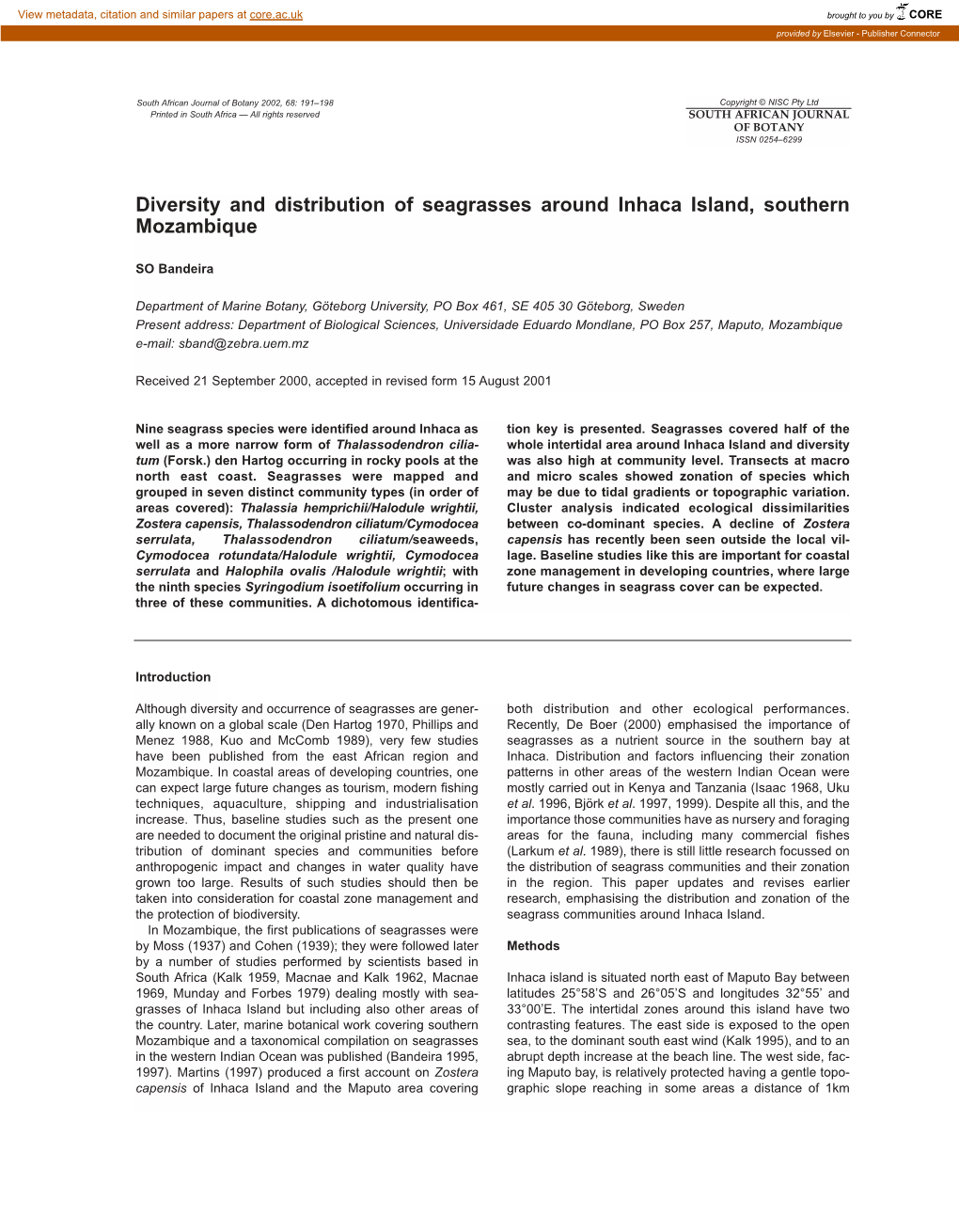 Diversity and Distribution of Seagrasses Around Inhaca Island, Southern Mozambique