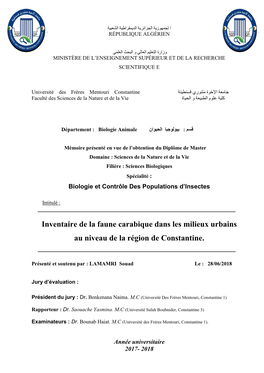 Inventaire De La Faune Carabique Dans Les Milieux Urbains Au Niveau De La Région De Constantine