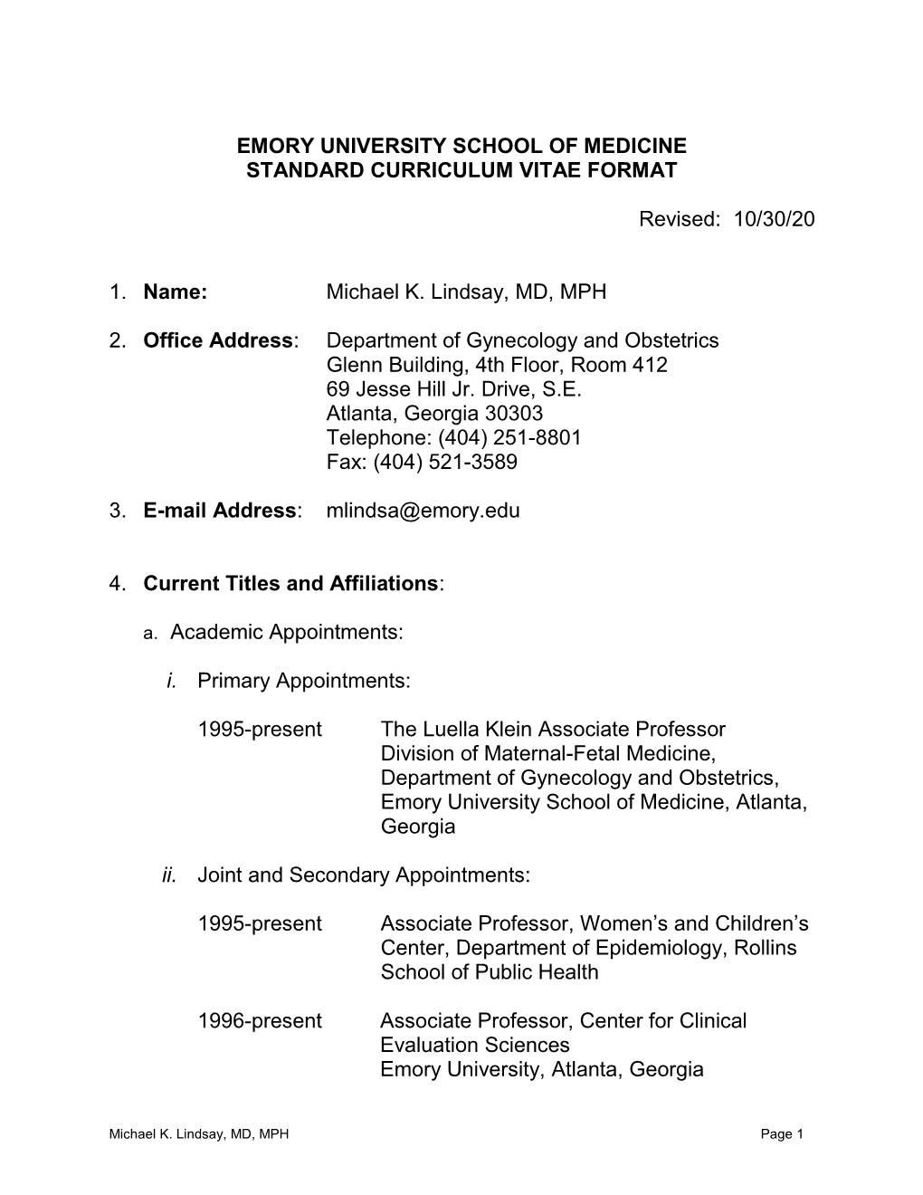 Curriculum Vitae: Michael K. Lindsay, MD