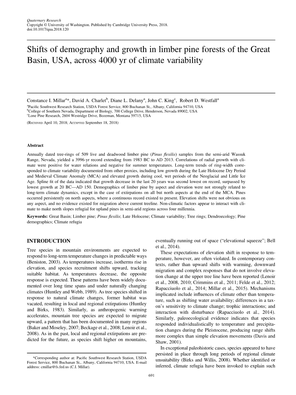 Shifts of Demography and Growth in Limber Pine Forests of the Great Basin, USA, Across 4000 Yr of Climate Variability