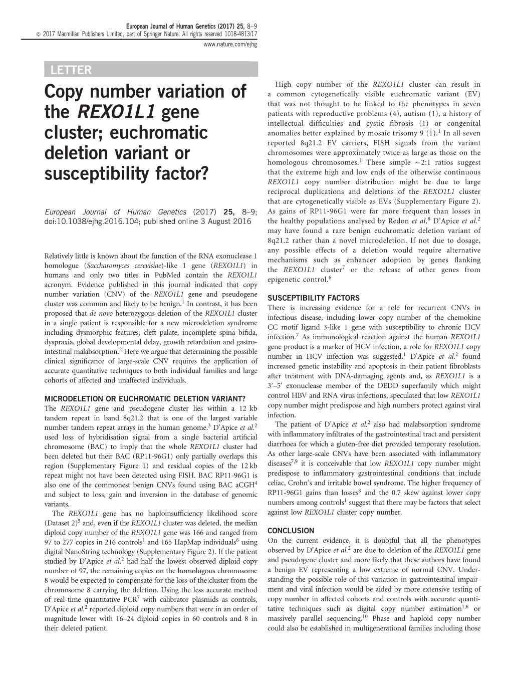 Copy Number Variation of the REXO1L1 Gene Cluster