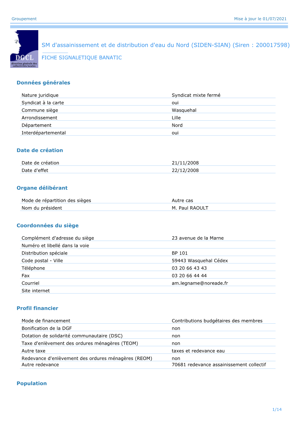 SM D'assainissement Et De Distribution D'eau Du Nord (SIDEN-SIAN) (Siren : 200017598)