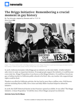 The Briggs Initiative: Remembering a Crucial Moment in Gay History by the Advocate, Adapted by Newsela Staff on 11.07.19 Word Count 690 Level 870L