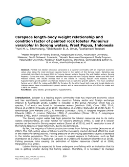 Carapace Length-Body Weight Relationship and Condition Factor of Painted Rock Lobster Panulirus Versicolor in Sorong Waters, West Papua, Indonesia 1Yuni M