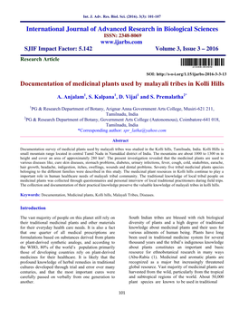 Documentation of Medicinal Plants Used by Malayali Tribes in Kolli Hills