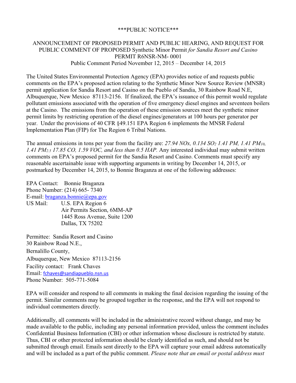 Sandia Pueblo Draft Permit Public Notice
