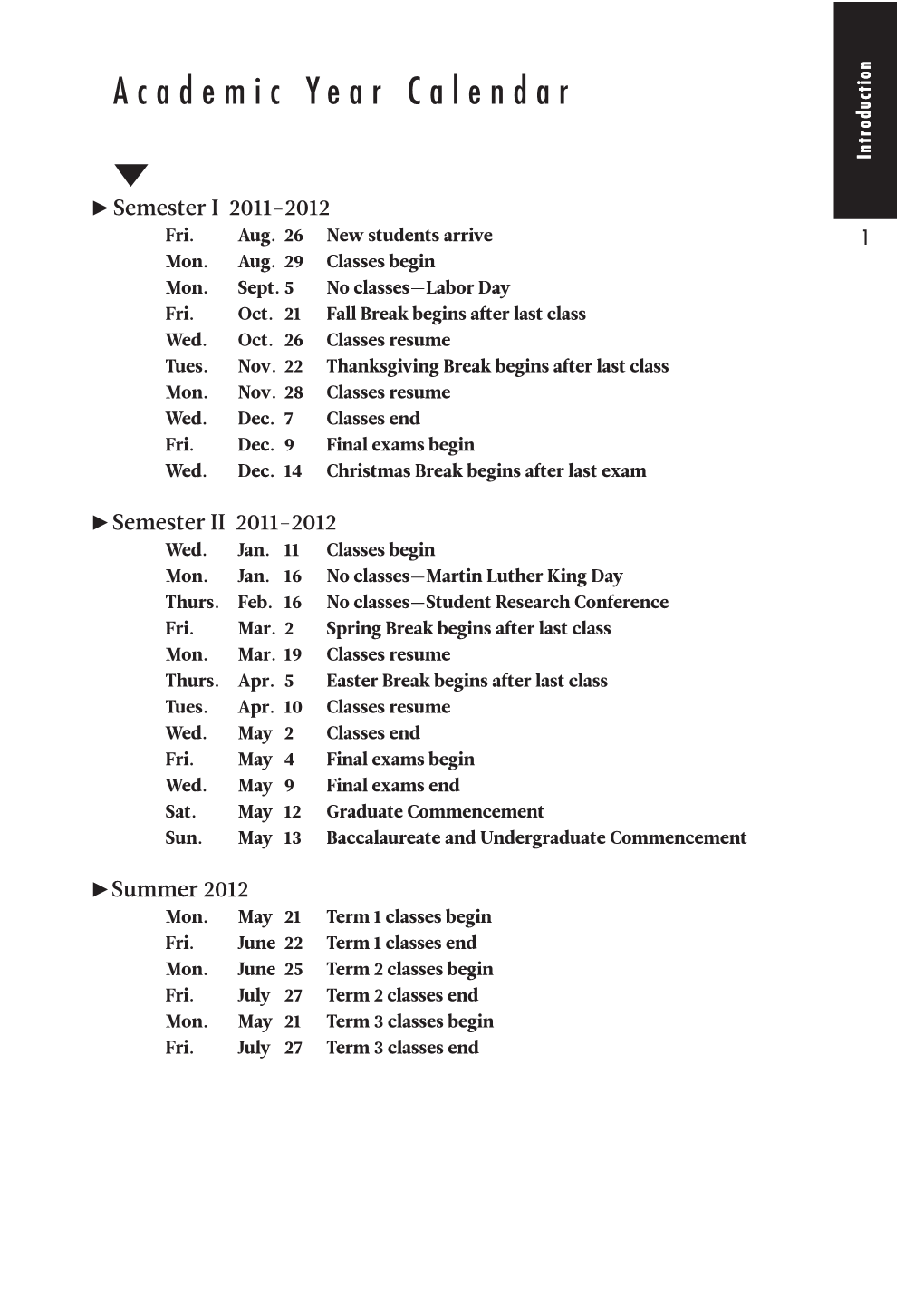 Academic Year Calendar Semester I2011-2012 R