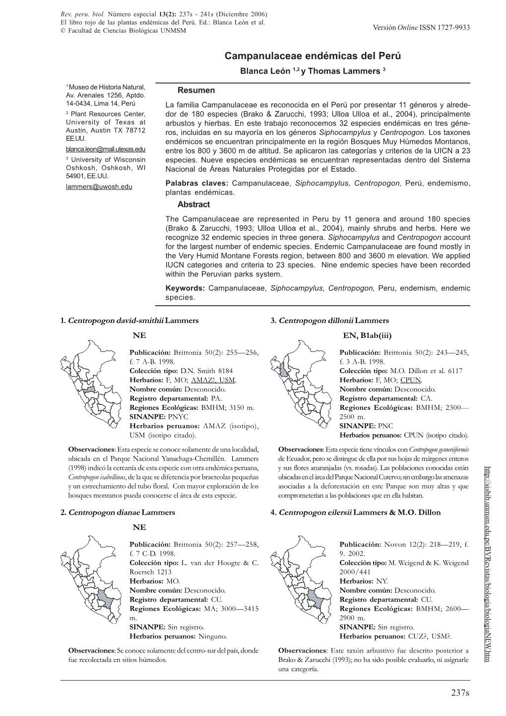 CAMPANULACEAE ENDÉMICAS DEL PERÚ © Facultad De Ciencias Biológicas UNMSM Versión Online ISSN 1727-9933