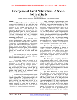 Emergence of Tamil Nationalism- a Socio- Political Study Dr.T.Umarsadiq Assistant Professor of History, Jamal Mohamed College, Tiruchirappalli 620 020