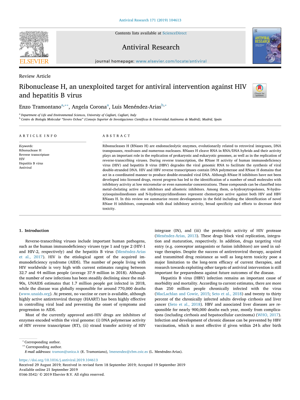 Ribonuclease H, an Unexploited Target for Antiviral Intervention Against HIV and Hepatitis B Virus T