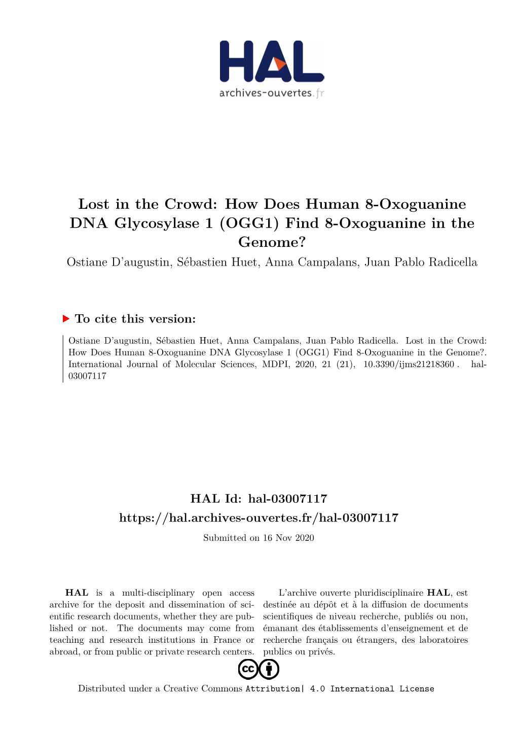 How Does Human 8-Oxoguanine DNA Glycosylase 1 (OGG1) Find 8-Oxoguanine in the Genome? Ostiane D’Augustin, Sébastien Huet, Anna Campalans, Juan Pablo Radicella