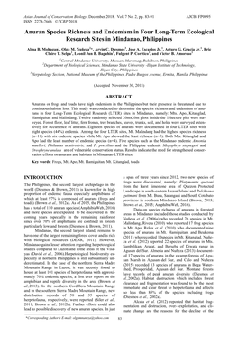 Anuran Species Richness and Endemism in Four Long-Term Ecological Research Sites in Mindanao, Philippines