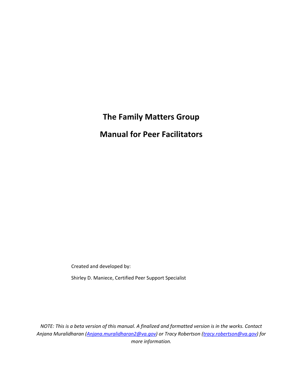 The Family Matters Group Manual for Peer Facilitators