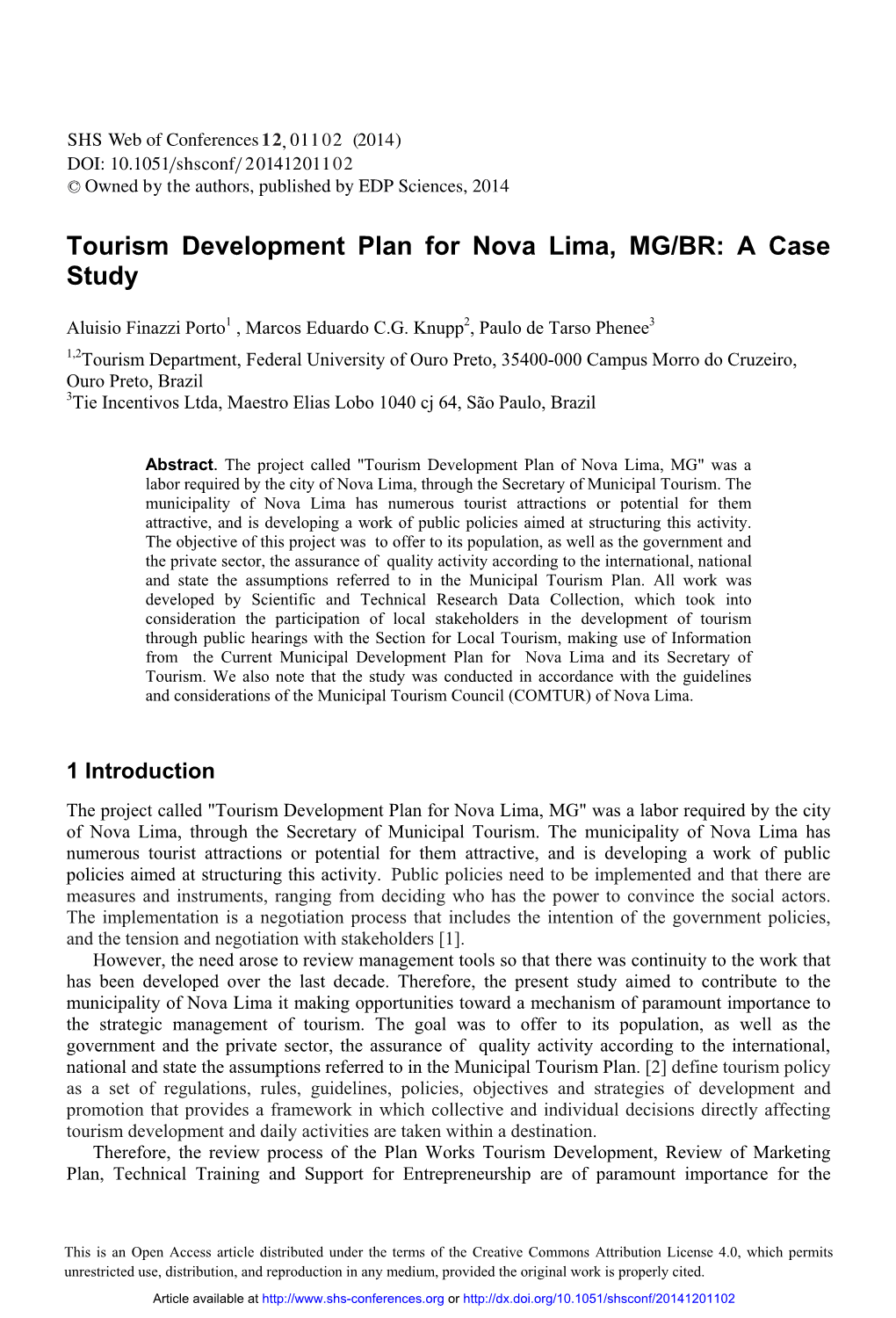 Tourism Development Plan for Nova Lima, MG/BR: a Case Study