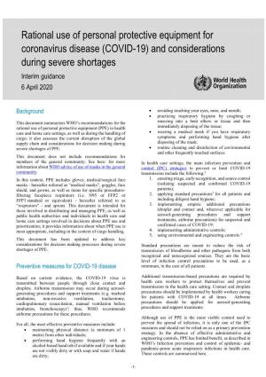 Rational Use of Personal Protective Equipment for Coronavirus Disease (COVID-19) and Considerations During Severe Shortages Interim Guidance 6 April 2020