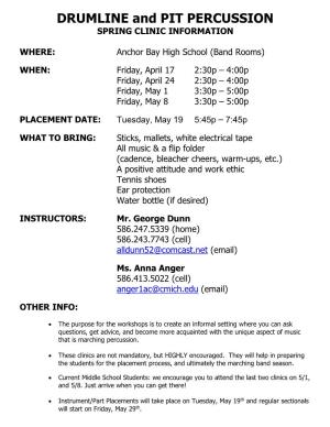 DRUMLINE and PIT PERCUSSION SPRING CLINIC INFORMATION