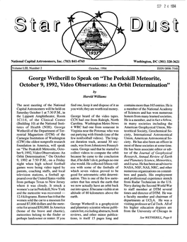 George Wetherill to Speak on "The Peekskill Meteorite, October 9, 1992, Video Observations: an Orbit Determination" by Harold Williams