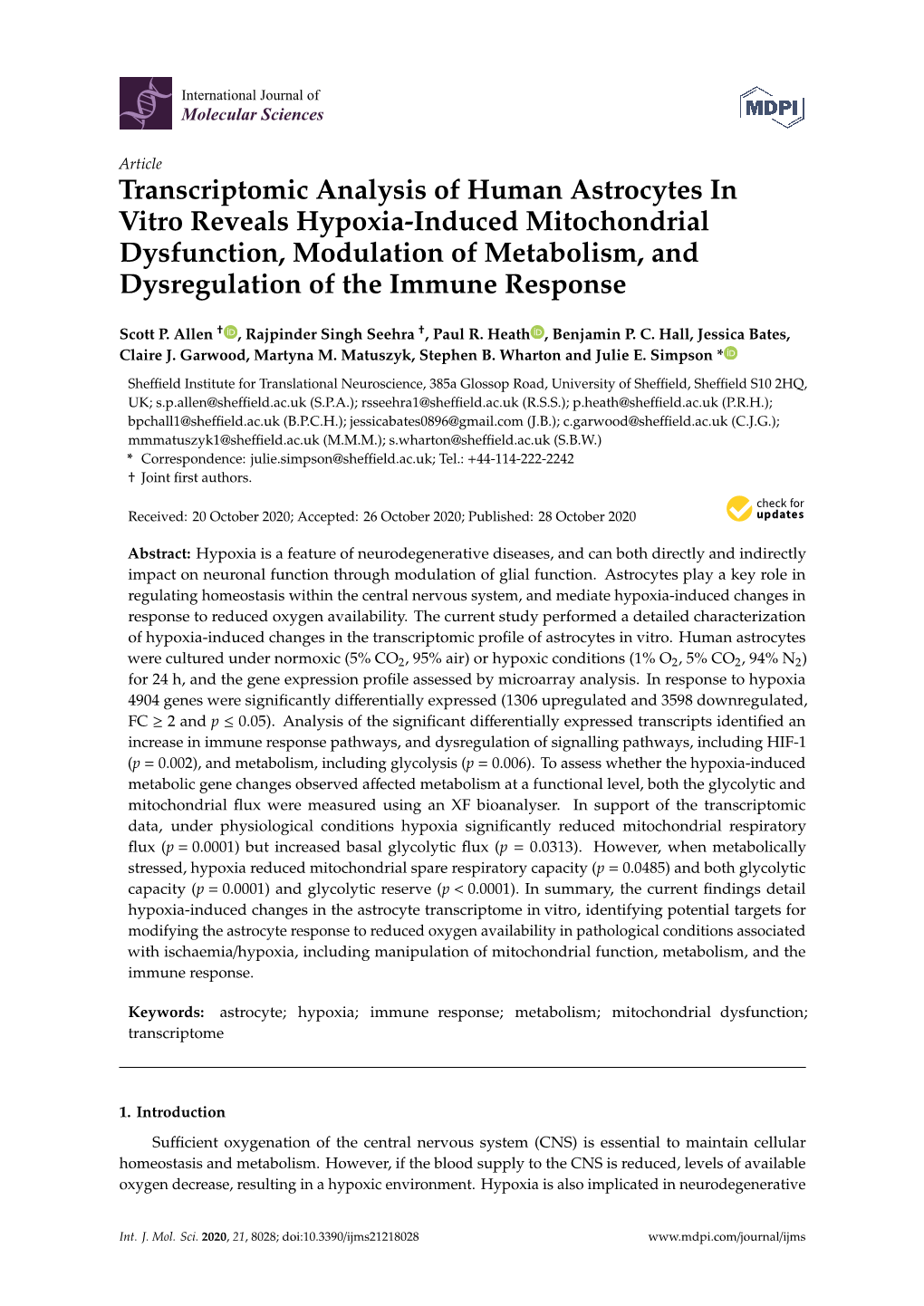Transcriptomic Analysis of Human Astrocytes in Vitro Reveals Hypoxia