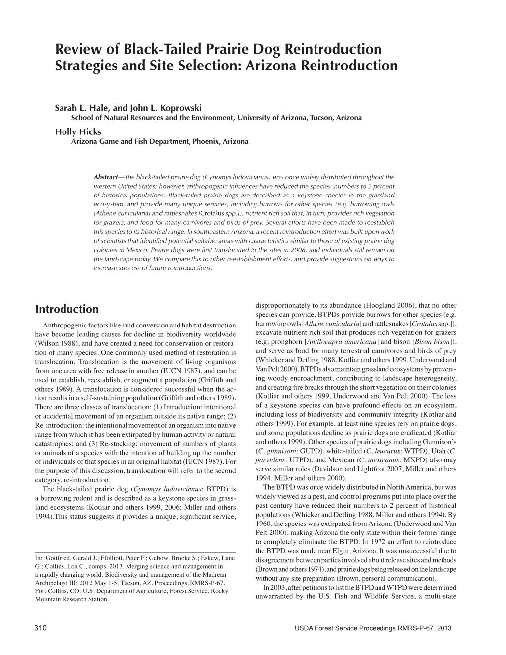 Review of Black-Tailed Prairie Dog Reintroduction Strategies and Site Selection: Arizona Reintroduction