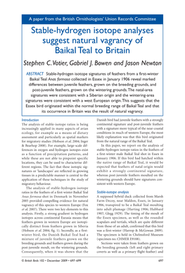 Stable-Hydrogen Isotope Analyses Suggest Natural Vagrancy of Baikal Teal to Britain Stephen C.Votier, Gabriel J