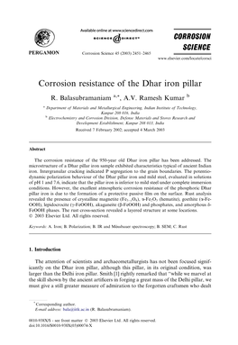 Corrosion Resistance of the Dhar Iron Pillar