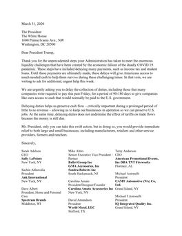 CEO Duty Deferral Letter to President Trump