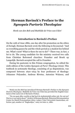 Herman Bavinck's Preface to the Synopsis Purioris Theologiae
