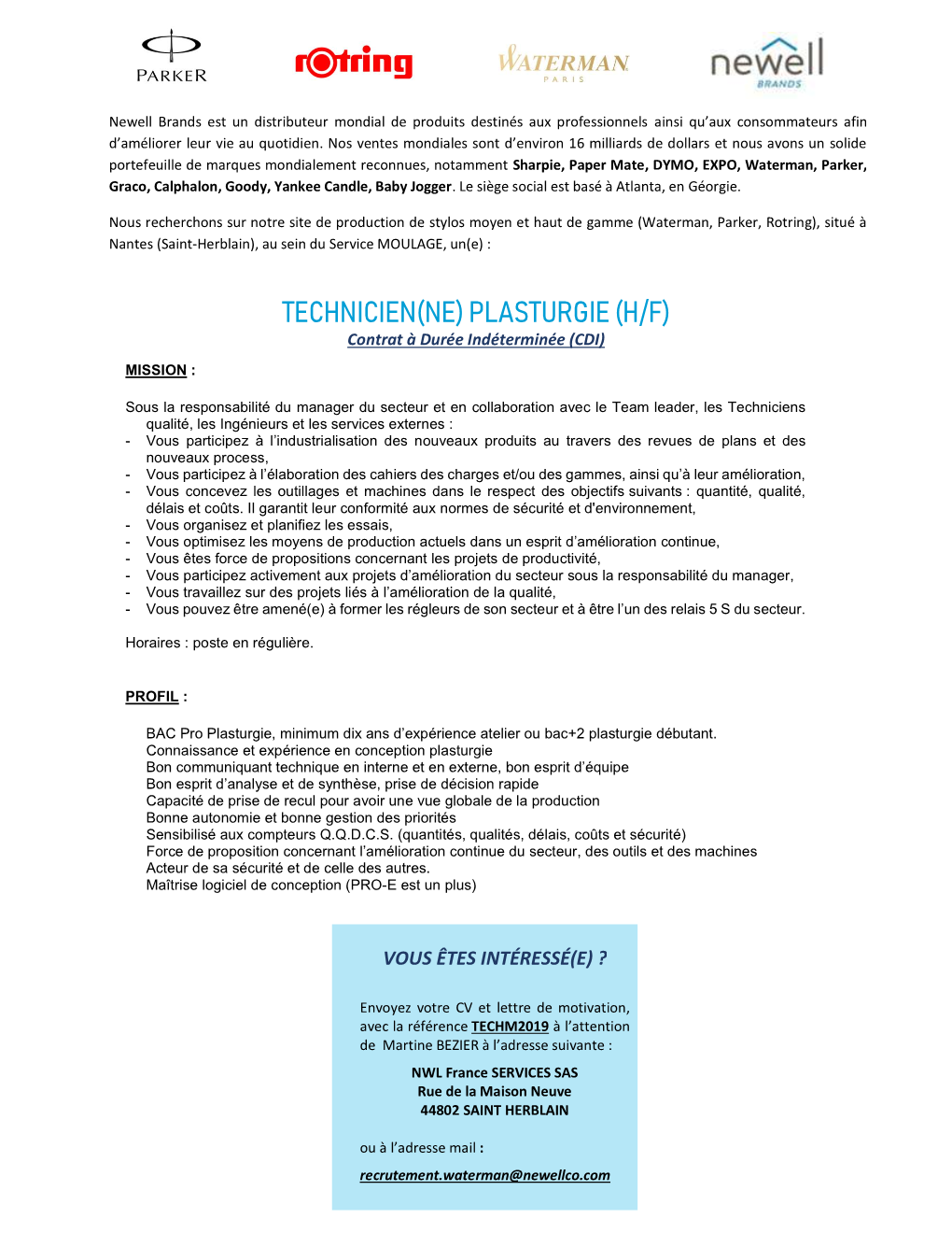 TECHNICIEN(NE) PLASTURGIE (H/F) Contrat À Durée Indéterminée (CDI)