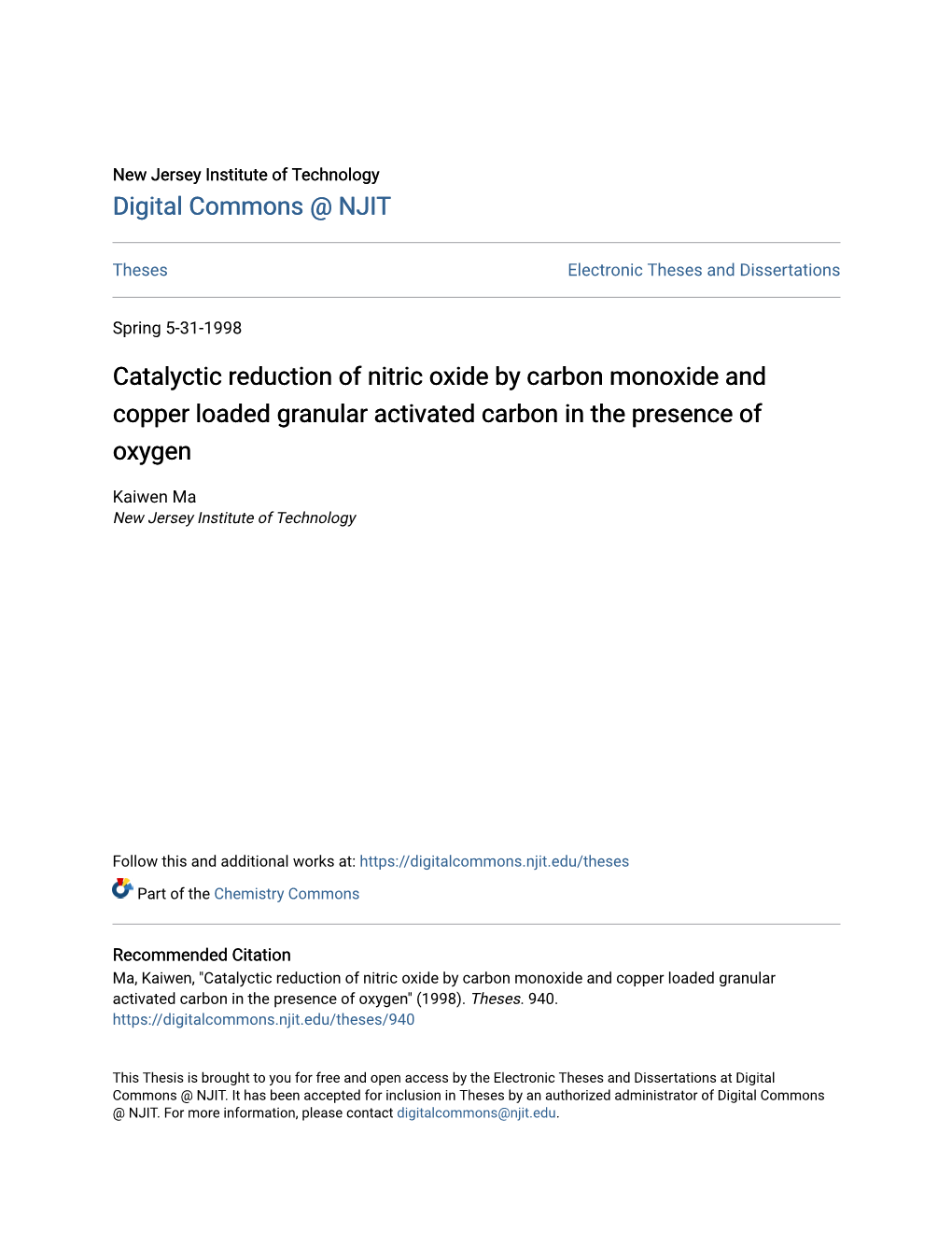 Catalyctic Reduction of Nitric Oxide by Carbon Monoxide and Copper Loaded Granular Activated Carbon in the Presence of Oxygen