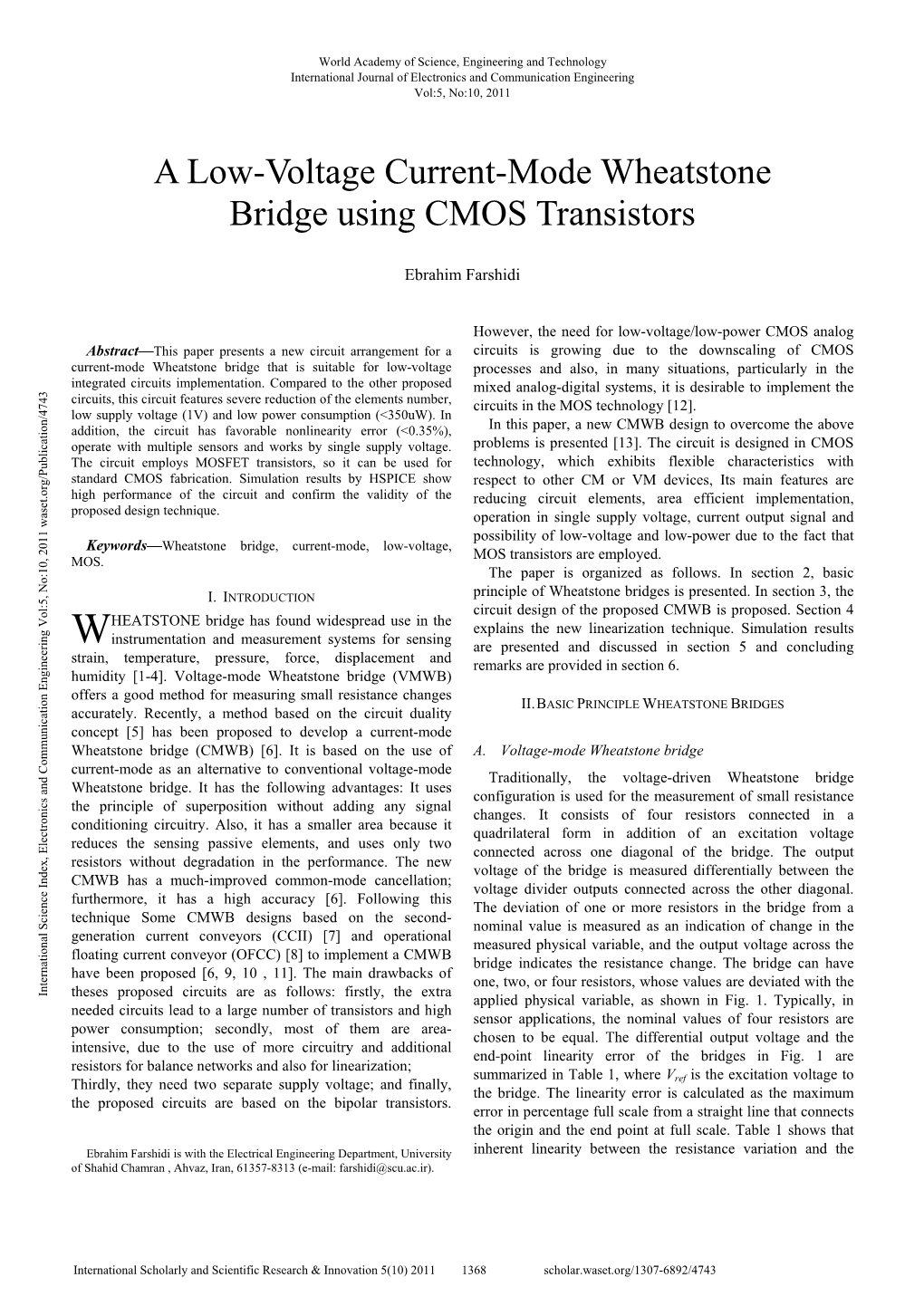 A Low-Voltage Current-Mode Wheatstone Bridge Using CMOS Transistors