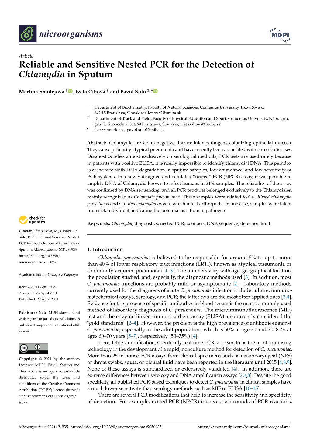 Reliable and Sensitive Nested PCR for the Detection of Chlamydia in Sputum