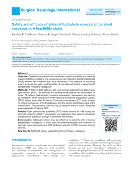 Safety and Efficacy of Sildenafil Citrate in Reversal of Cerebral Vasospasm: a Feasibility Study Kanchan K