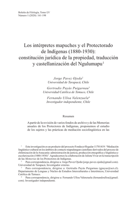 Los Intérpretes Mapuches Y El Protectorado De Indígenas (1880-1930): Constitución Jurídica De La Propiedad, Traducción Y Castellanización Del Ngulumapu1
