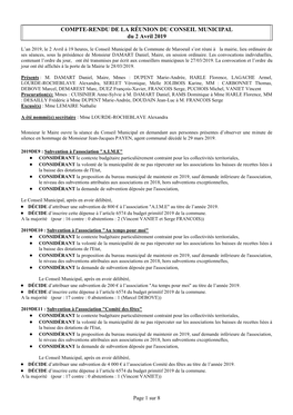 COMPTE-RENDU DE LA RÉUNION DU CONSEIL MUNICIPAL Du 2 Avril 2019
