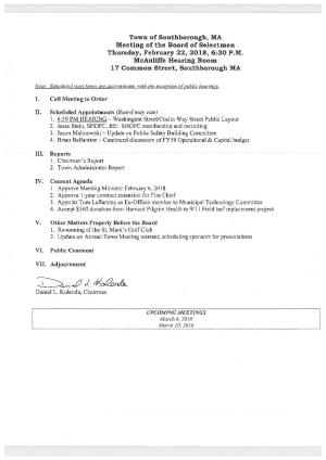 Town of Southborough, MA Meeting of the Board of Selectmen Thursday, February 22, 2018, 6:30 P.M